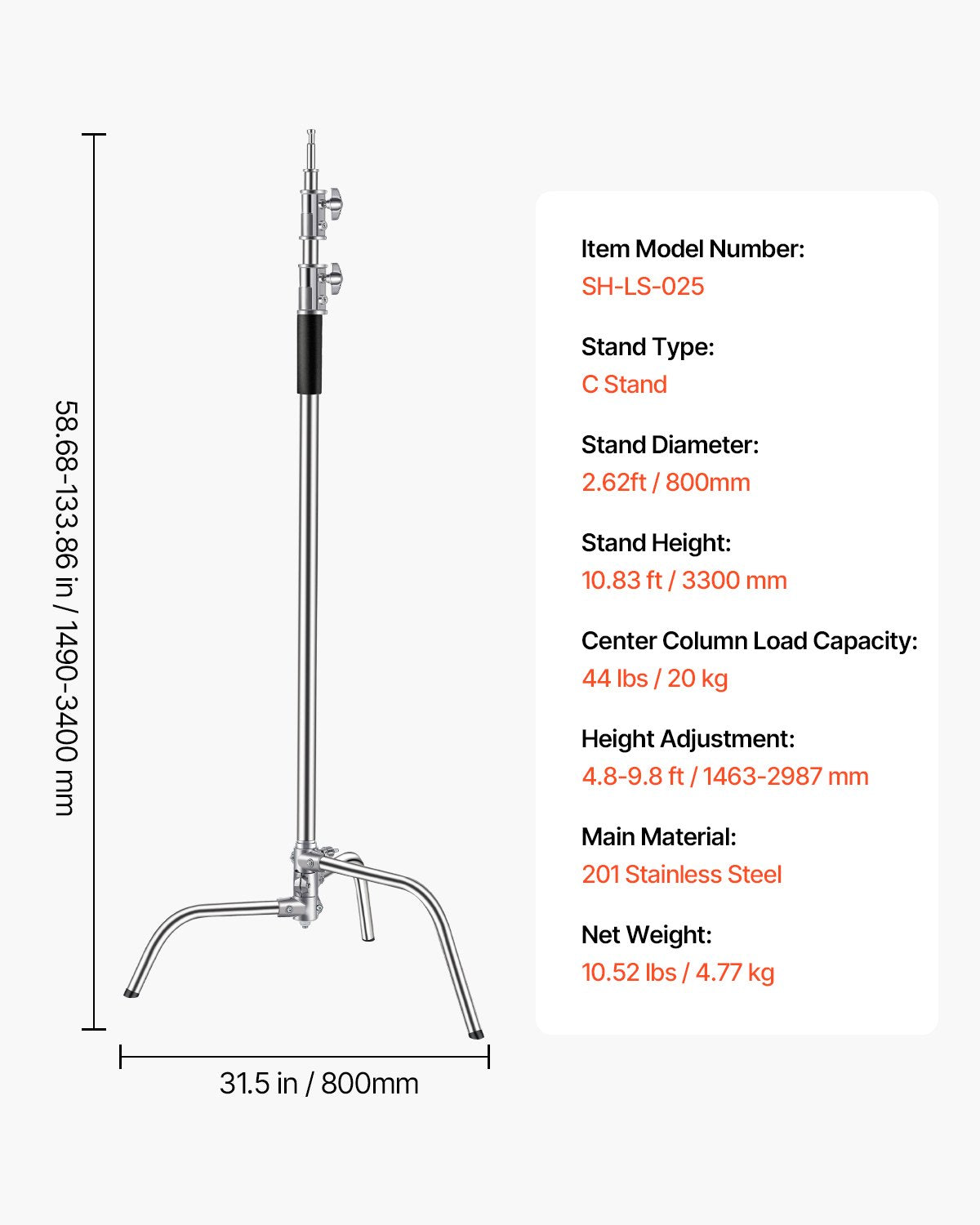 C stativ Max höjd 10,83 fot/330 cm rostfritt stål fotoljusstativ