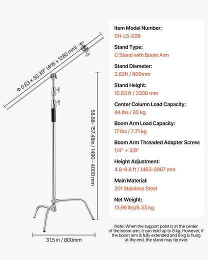 C-Stativ mit Auslegerarm Max. Höhe 10,83 Fuß/330 cm Fotolichtstativ
