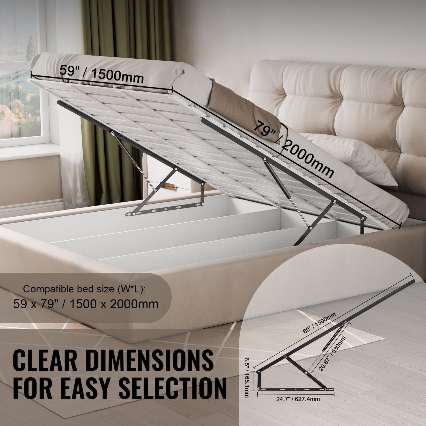 Bed lift 59x79 in compatible bed size 309 lbs Load DIY wall bed hardware