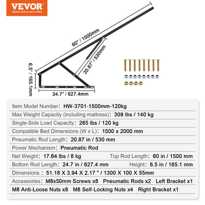 Bed lift 59x79 in compatible bed size 309 lbs Load DIY wall bed hardware
