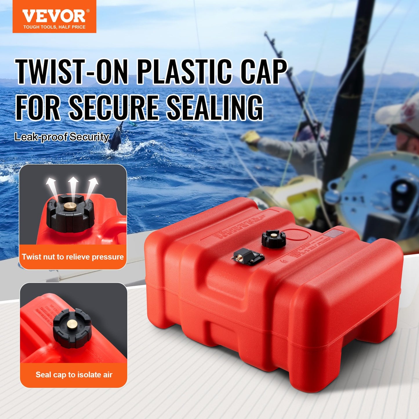 Marinbränsletank, 14,53 gallon/55L, bärbar båtbränslegastank för utombordsmotorbåtar, utombordare marinbåtsbränsletank i plast med slang, lätt att bära för yacht, fiskebåt, däcksbåt, röd