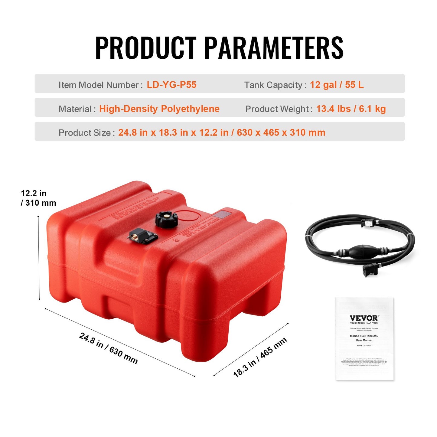 Marinbränsletank, 14,53 gallon/55L, bärbar båtbränslegastank för utombordsmotorbåtar, utombordare marinbåtsbränsletank i plast med slang, lätt att bära för yacht, fiskebåt, däcksbåt, röd