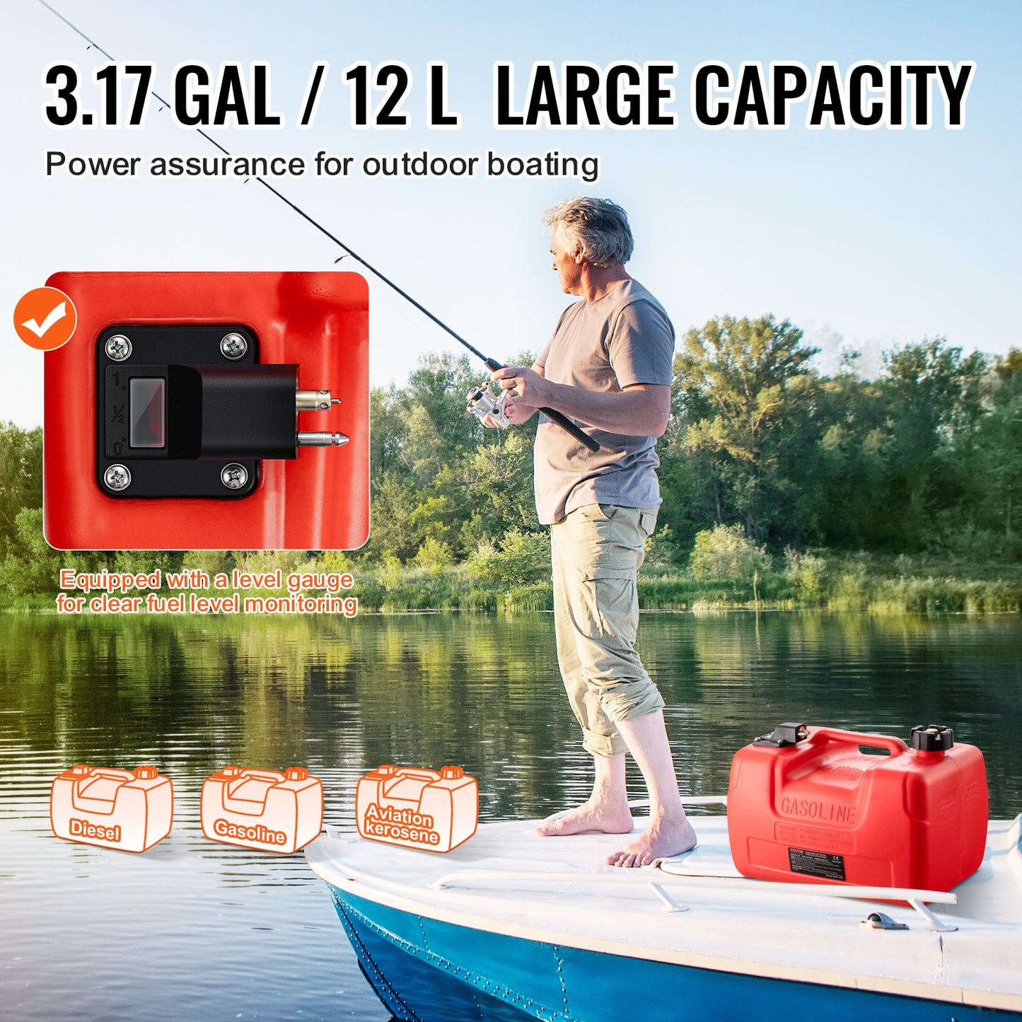 Marinbränsletank, 3,17 gallon/12L, bärbar bränslegastank för båtar för utombordsmotorbåtar, bränsletank för utombordare i plast med slang, lätt att bära för yacht, fiskebåt, däcksbåt, röd