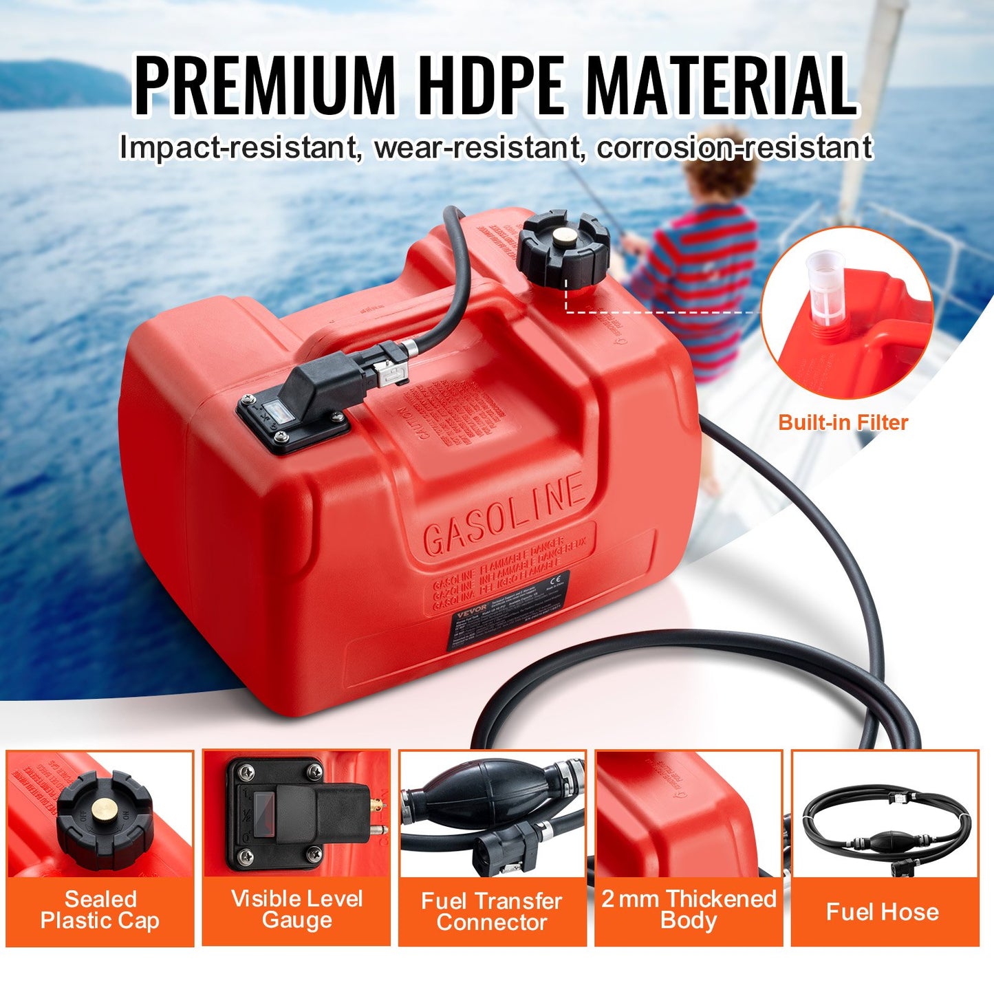 Marinbränsletank, 3,17 gallon/12L, bärbar bränslegastank för båtar för utombordsmotorbåtar, bränsletank för utombordare i plast med slang, lätt att bära för yacht, fiskebåt, däcksbåt, röd