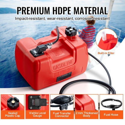 Marinbränsletank, 3,17 gallon/12L, bärbar bränslegastank för båtar för utombordsmotorbåtar, bränsletank för utombordare i plast med slang, lätt att bära för yacht, fiskebåt, däcksbåt, röd
