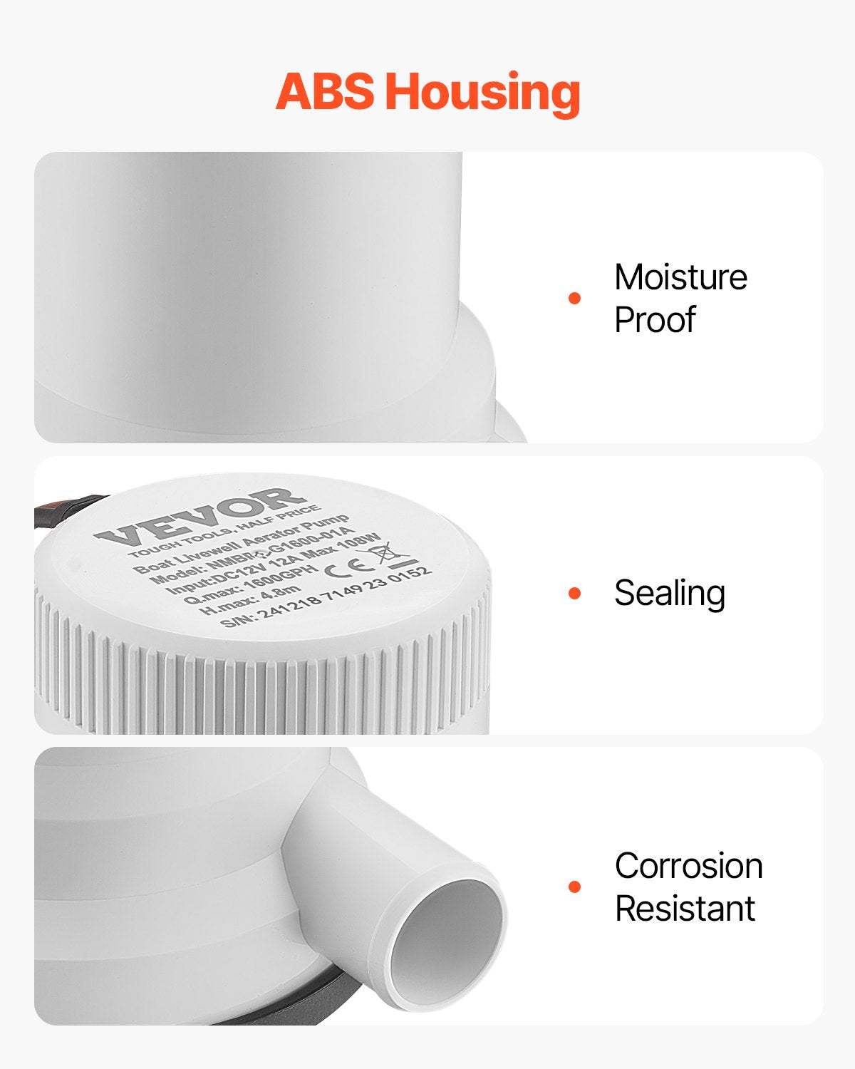 Livewell Pump for Boat 12V 1600GPH Livewell Aeration Pump Straight 2 Inlets