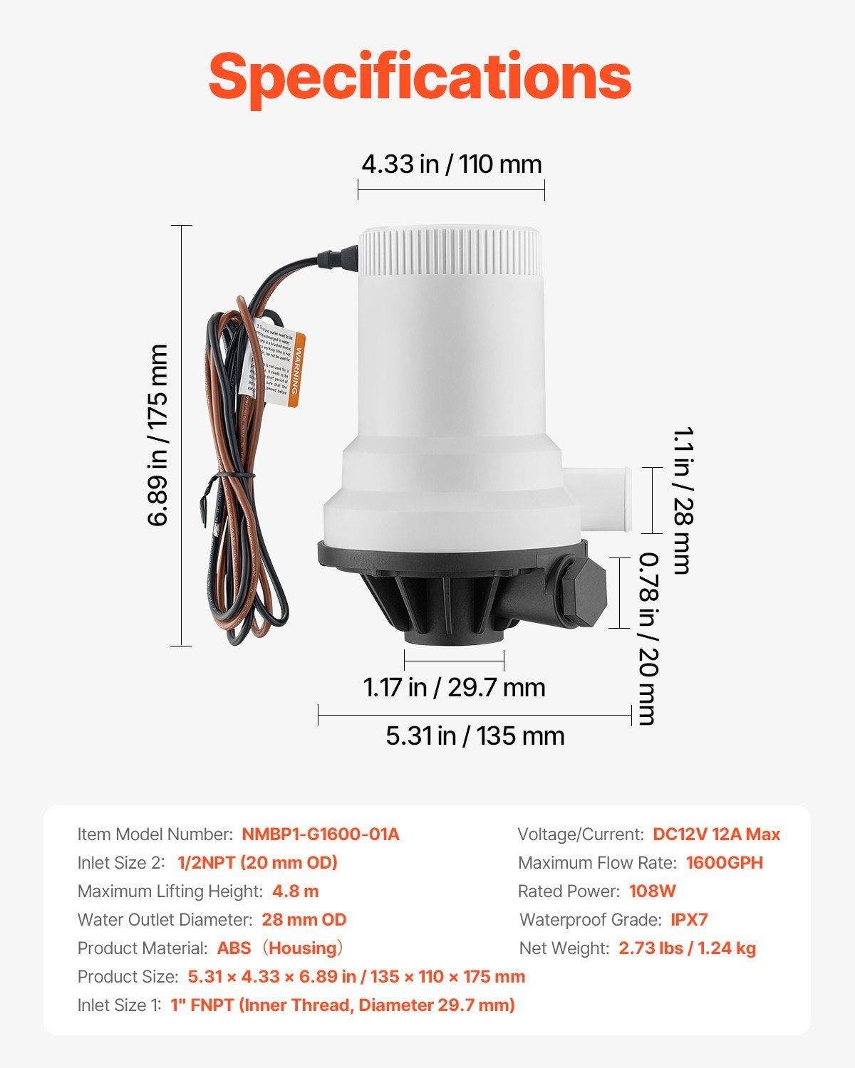 Livewell Pump for Boat 12V 1600GPH Livewell Aeration Pump Straight 2 Inlets