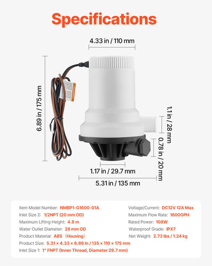 Livewell Pump for Boat 12V 1600GPH Livewell Aeration Pump Straight 2 Inlets