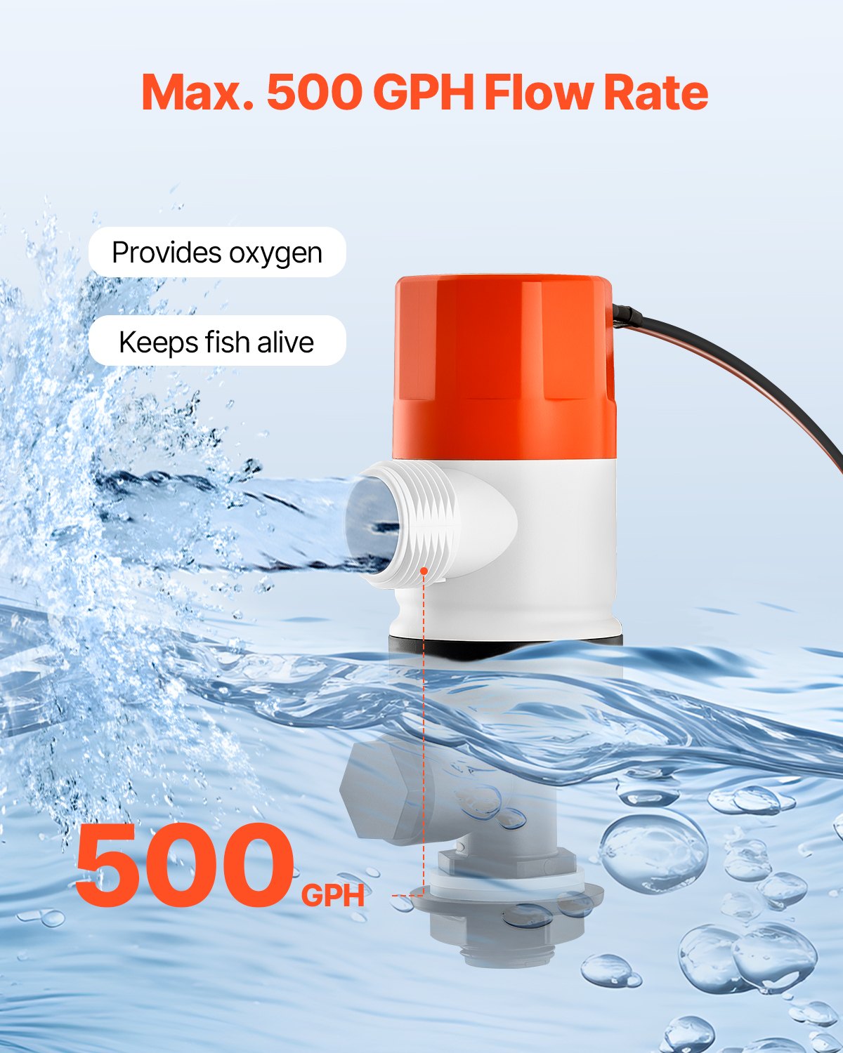 Livewell Pump for Boat 12V 500 GPH Livewell Aeration Pump Straight 2 Inlets