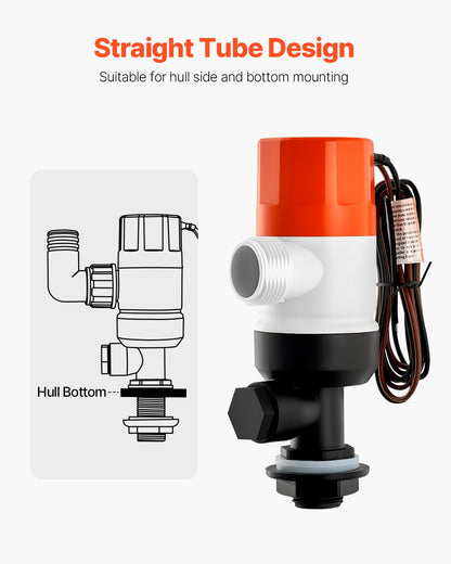 Livewell Pump for Boat 12V 500 GPH Livewell Aeration Pump Straight 2 Inlets