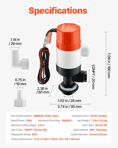 Livewell Pump for Boat 12V 500 GPH Livewell Aeration Pump Straight 2 Inlets