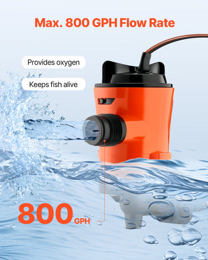 Livewell-pump för båt 12V 800 GPH 90°Livewell-luftningspump Baitwell-pump