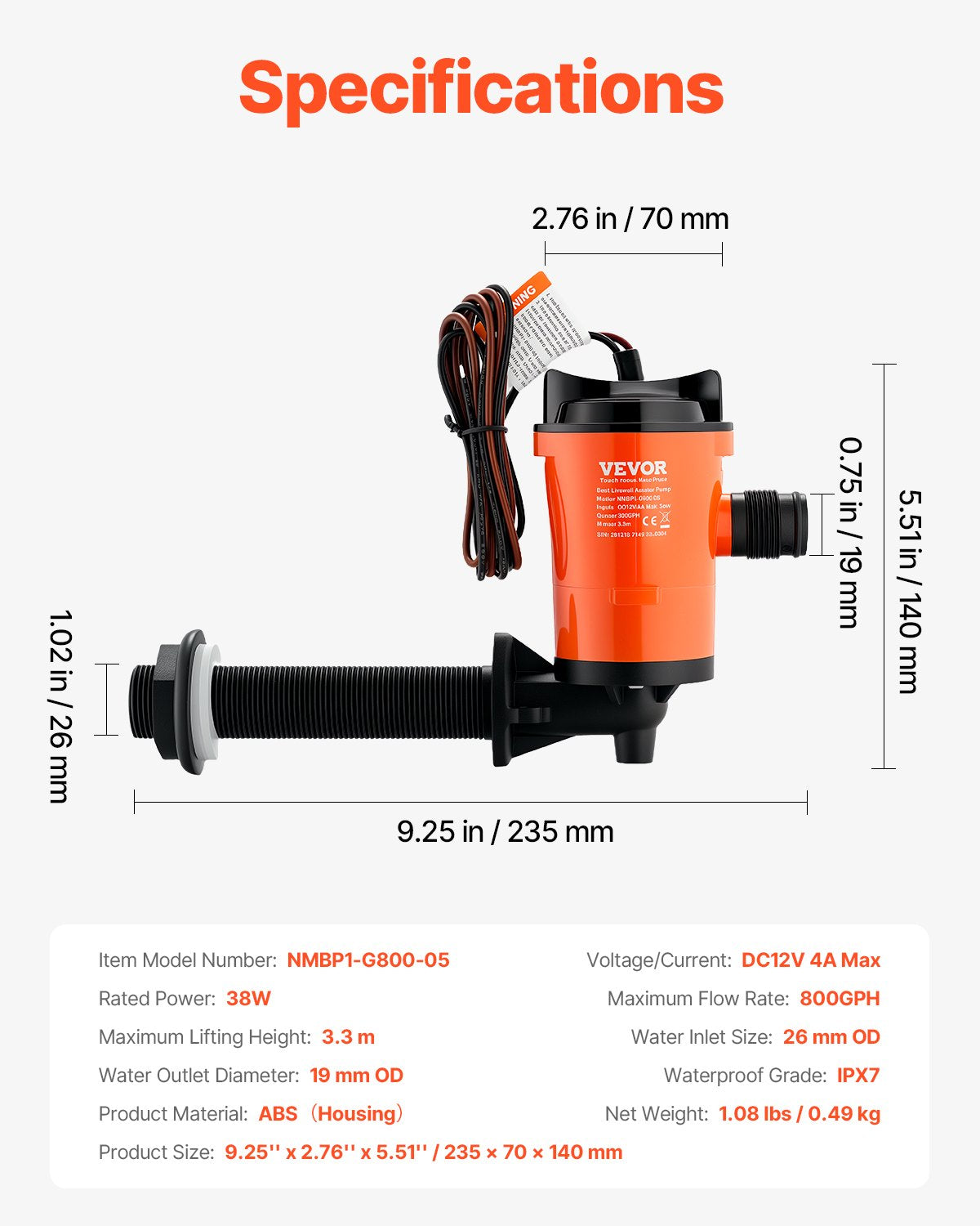 Livewell-pump för båt 12V 800 GPH 90°Livewell-luftningspump Baitwell-pump
