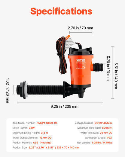 Livewell-pump för båt 12V 800 GPH 90°Livewell-luftningspump Baitwell-pump