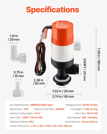 Livewell-pump för båt 12V 800 GPH Livewell-luftningspump Rak 2 inlopp