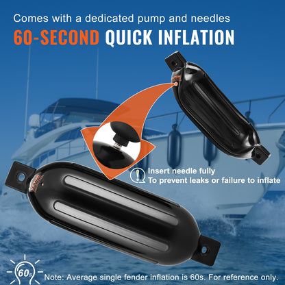 Boat Fenders Uppblåsbara Ribbade Boat Bumpers för dockning 6,5" x 23" Svart