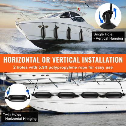 Boat Fenders Uppblåsbara Ribbade Boat Bumpers för dockning 6,5" x 23" Svart