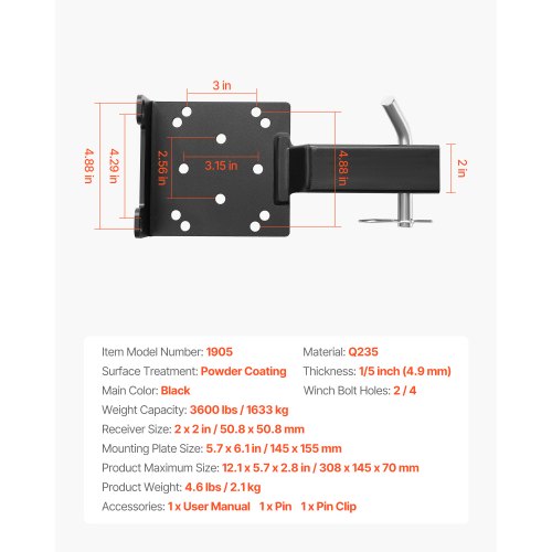 Winch mount 1633 kg Towbar Winch mount with 50.8 mm mount