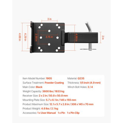 Winch mount 1633 kg Towbar Winch mount with 50.8 mm mount