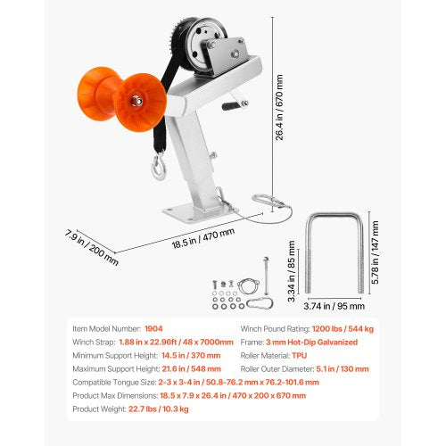 Boat trailer winch stand with reel 544 kg winch Boat winch mount