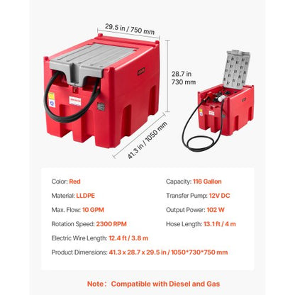 Bärbar Dieselbränsletank 116 Gallon Bensintank 12V Transferpump 10GPM