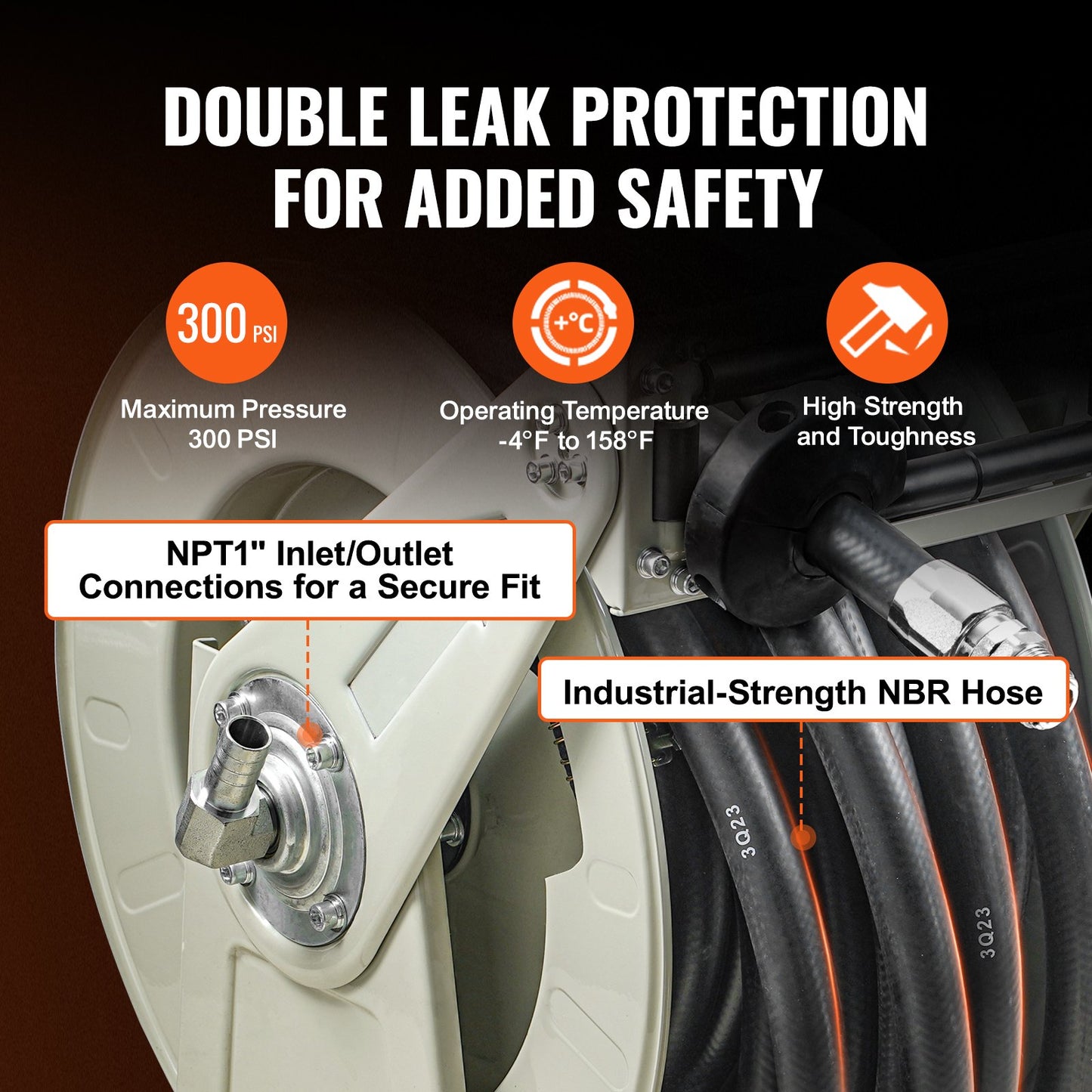 Fuel Hose Reel, 1" x 33", Extra Long Retractable Diesel Hose Reel, Heavy Duty Carbon Steel Construction with Automatic Fuel Nozzle, NBR Rubber Hose for Aircraft Vessel Tanker Truck, 300 PSI