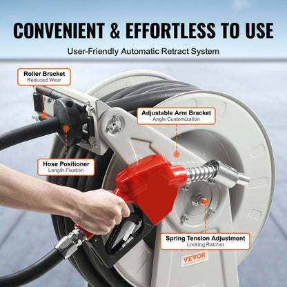Bränsleslangupprullare, 1" x 50", extra lång indragbar dieselslangupprullare, kraftig kolstålkonstruktion med automatiskt bränslemunstycke, NBR-gummislang för tankbil för flygfartyg, 300 PSI