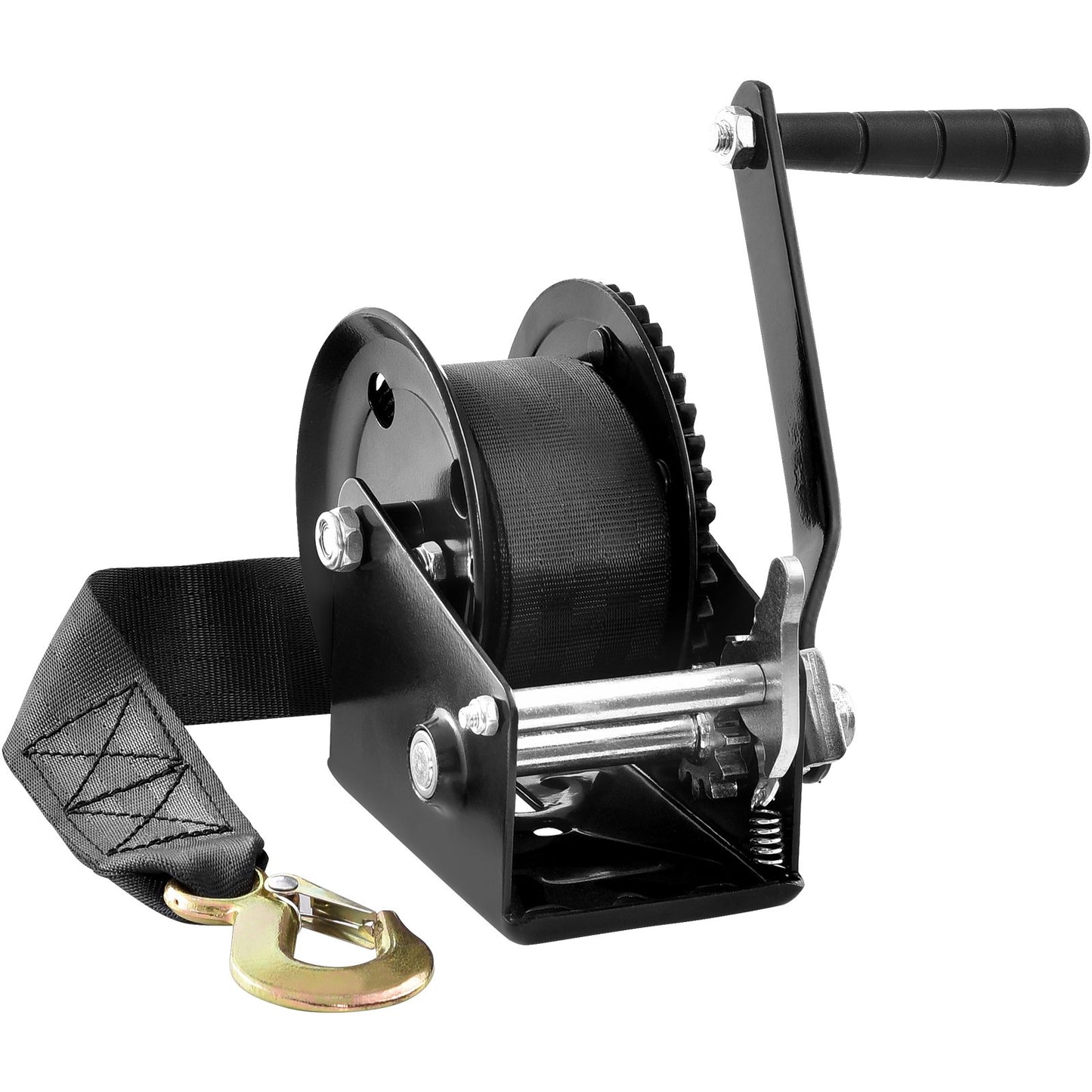 Hand Winch, 1200 lbs Pulling Capacity, Boat Towing Winch Heavy Duty Rope Crank with 23 ft Polyester Strap and Two-Way Latching, Manually Operated Hand Crank Winch for Towing Trailer, Boat or ATV