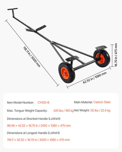 420lbs Boat Trailer Dolly Mover Adjustable Length with 15.7 Inch Pneumatic Tires