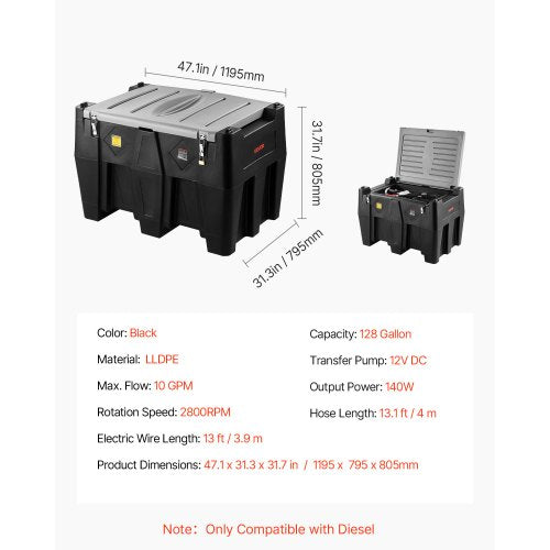 Tragbarer Dieseltank, 128 Gallonen Dieselkraftstofftank mit 12-V-Transferpumpe 10 GPM, Schwarz