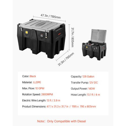 Tragbarer Dieseltank, 128 Gallonen Dieselkraftstofftank mit 12-V-Transferpumpe 10 GPM, Schwarz