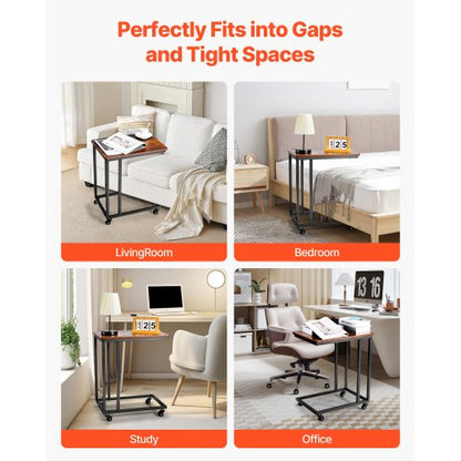 C-bord, C-format soffbord med metallram och hjul, bärbart C-format ändstativ för vardagsrum, sovrum, kontor, 19,69 x 13,78 x 23,82 tum laptop-sidobord, brunt och svart |  EU