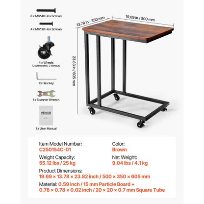 C-bord, C-format soffbord med metallram och hjul, bärbart C-format ändstativ för vardagsrum, sovrum, kontor, 19,69 x 13,78 x 23,82 tum laptop-sidobord, brunt och svart |  EU