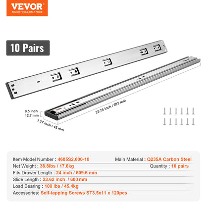 10 par 609,6 mm lådslider Sidomonterade skenor, Heavy Duty Full Extension stålskena, Soft-Close Ljudlösa guideglider Skåp Kökslöpare med kullager, 100 pund lastkapacitet