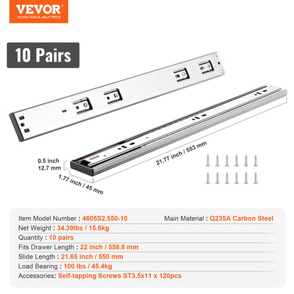10 Pairs 558.8mm Drawer Slides Side Mounted Tracks, Heavy Duty Full Extension Steel Track, Soft-Close Silent Guide Slides Cabinet Kitchen Runners with Ball Bearings, 100 Pounds Load Capacity