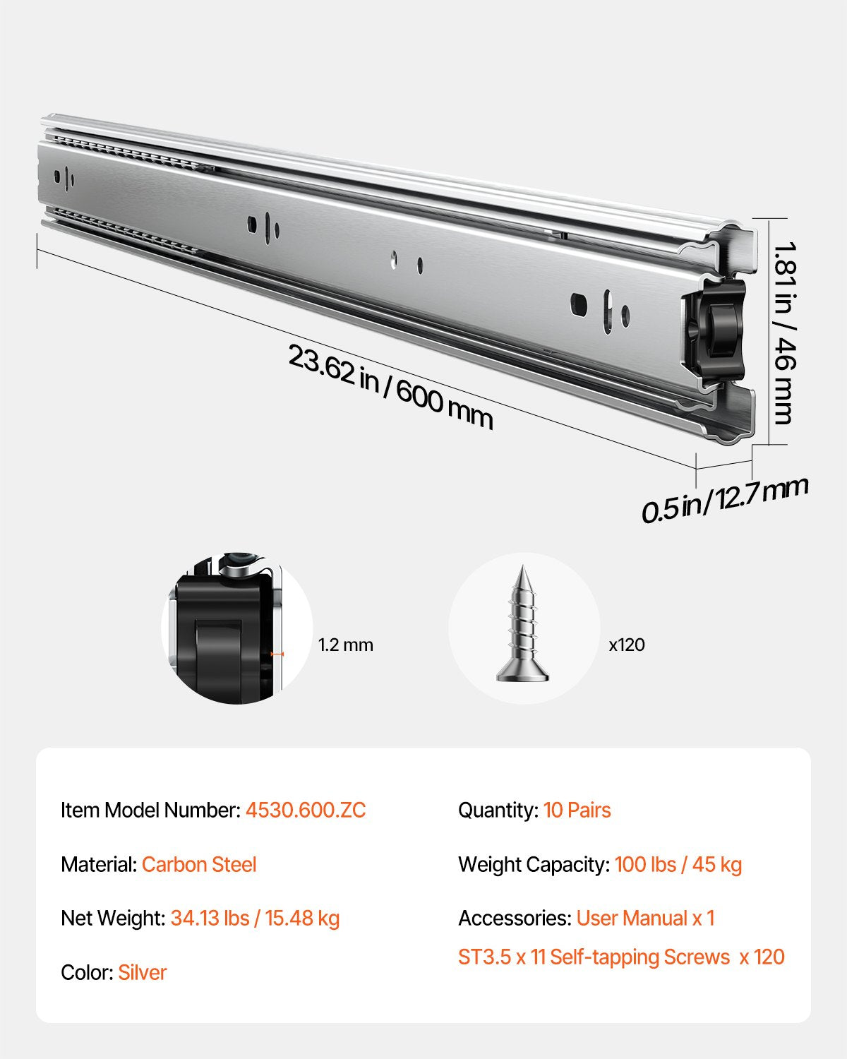 Drawer Cabinet Sliding Side Mount 24 Inch 10 Pairs 100 LB Load Change