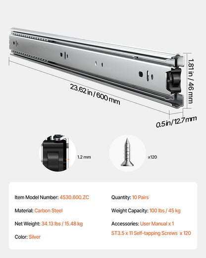 Drawer Cabinet Sliding Side Mount 24 Inch 10 Pairs 100 LB Load Change