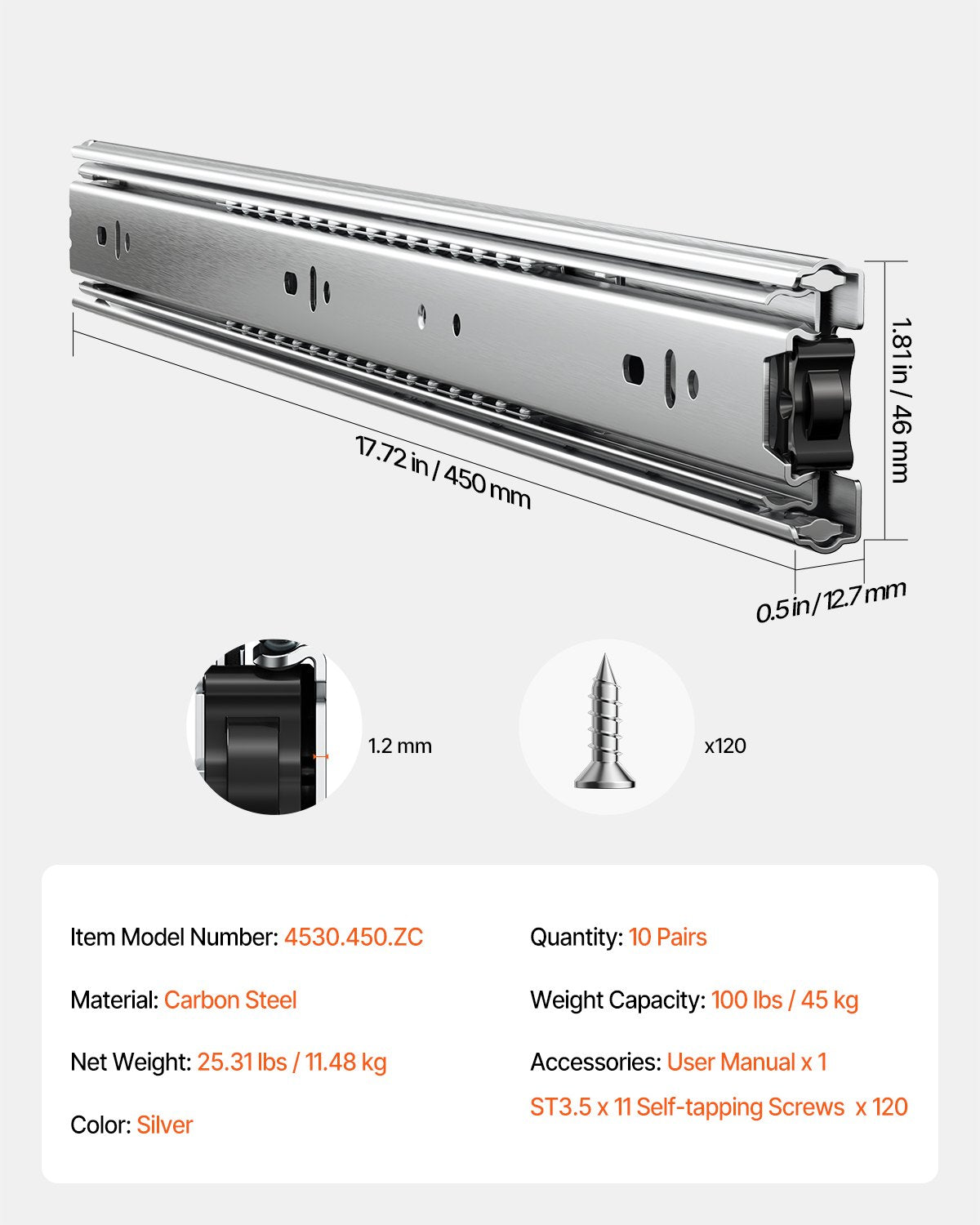 Drawer Cabinet Sliding Side Mount 18 Inch 10 Pairs 100 LB Load Change