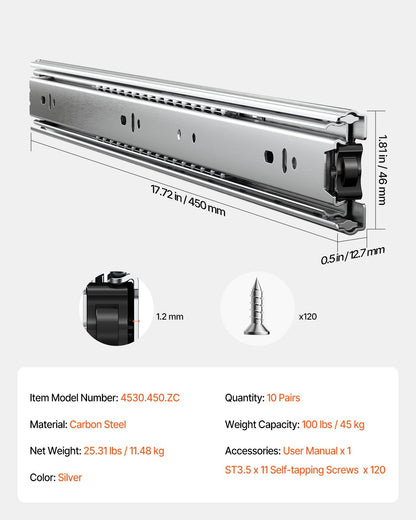 Drawer Cabinet Sliding Side Mount 18 Inch 10 Pairs 100 LB Load Change