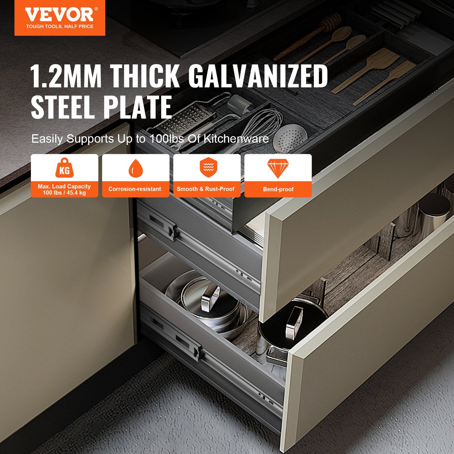 6 Pairs 457.2mm Drawer Slides Side Mounted Tracks, Heavy Duty Full Extension Steel Track, Soft-Close Silent Guide Slides Cabinet Kitchen Runners with Ball Bearings, 100 lbs Load Capacity
