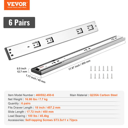 6 Pairs 457.2mm Drawer Slides Side Mounted Tracks, Heavy Duty Full Extension Steel Track, Soft-Close Silent Guide Slides Cabinet Kitchen Runners with Ball Bearings, 100 lbs Load Capacity