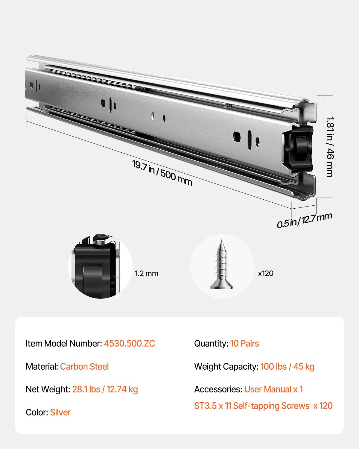 Drawer Cabinet Sliding Side Mount 20 Inch 10 Pairs 100 LB Load Change