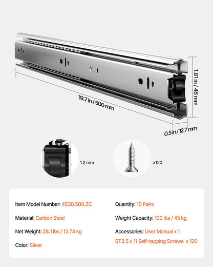 Drawer Cabinet Sliding Side Mount 20 Inch 10 Pairs 100 LB Load Change