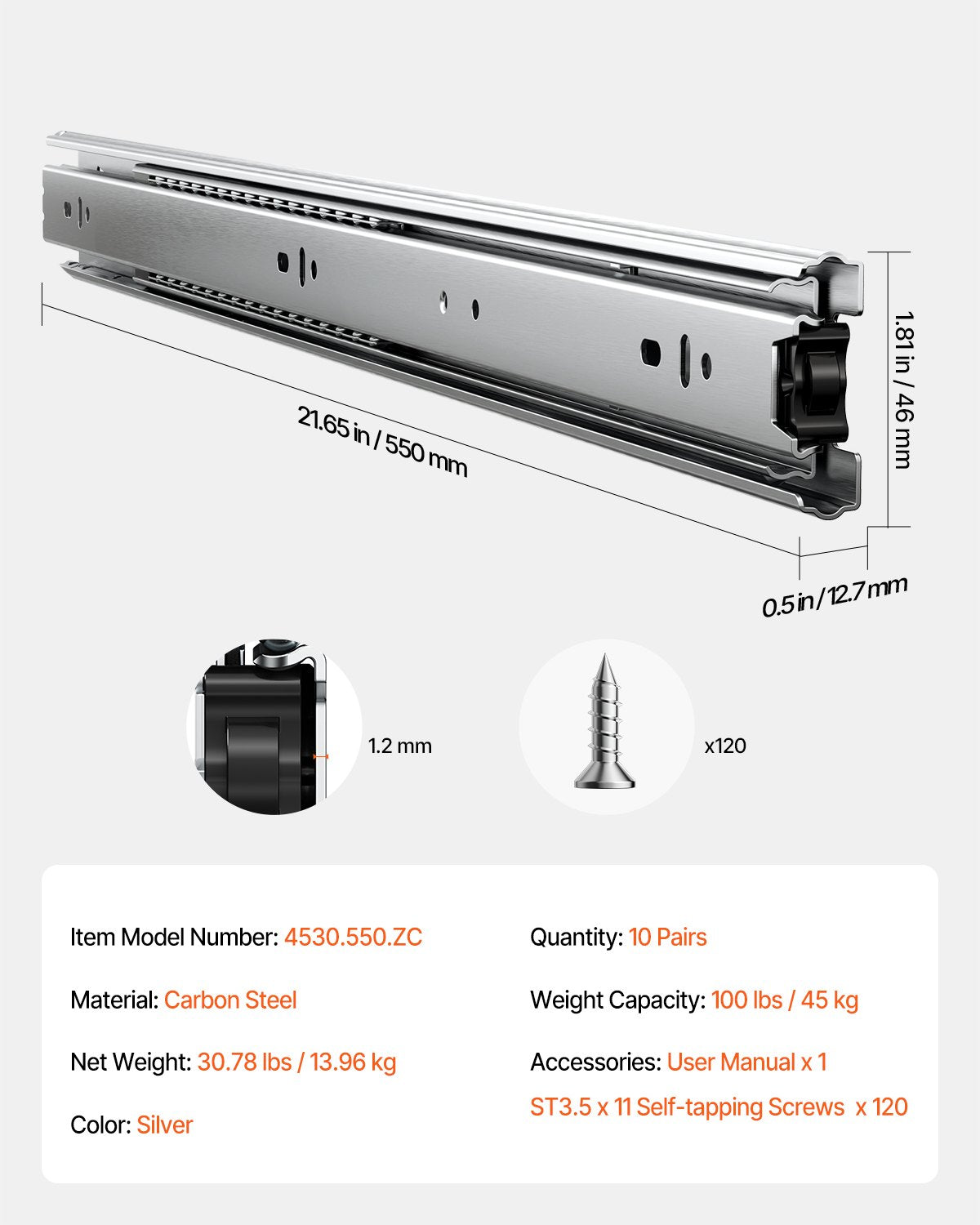 Drawer Cabinet Sliding Side Mount 22 Inch 10 Pairs 100 LB Load Change