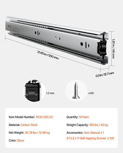 Drawer Cabinet Sliding Side Mount 22 Inch 10 Pairs 100 LB Load Change