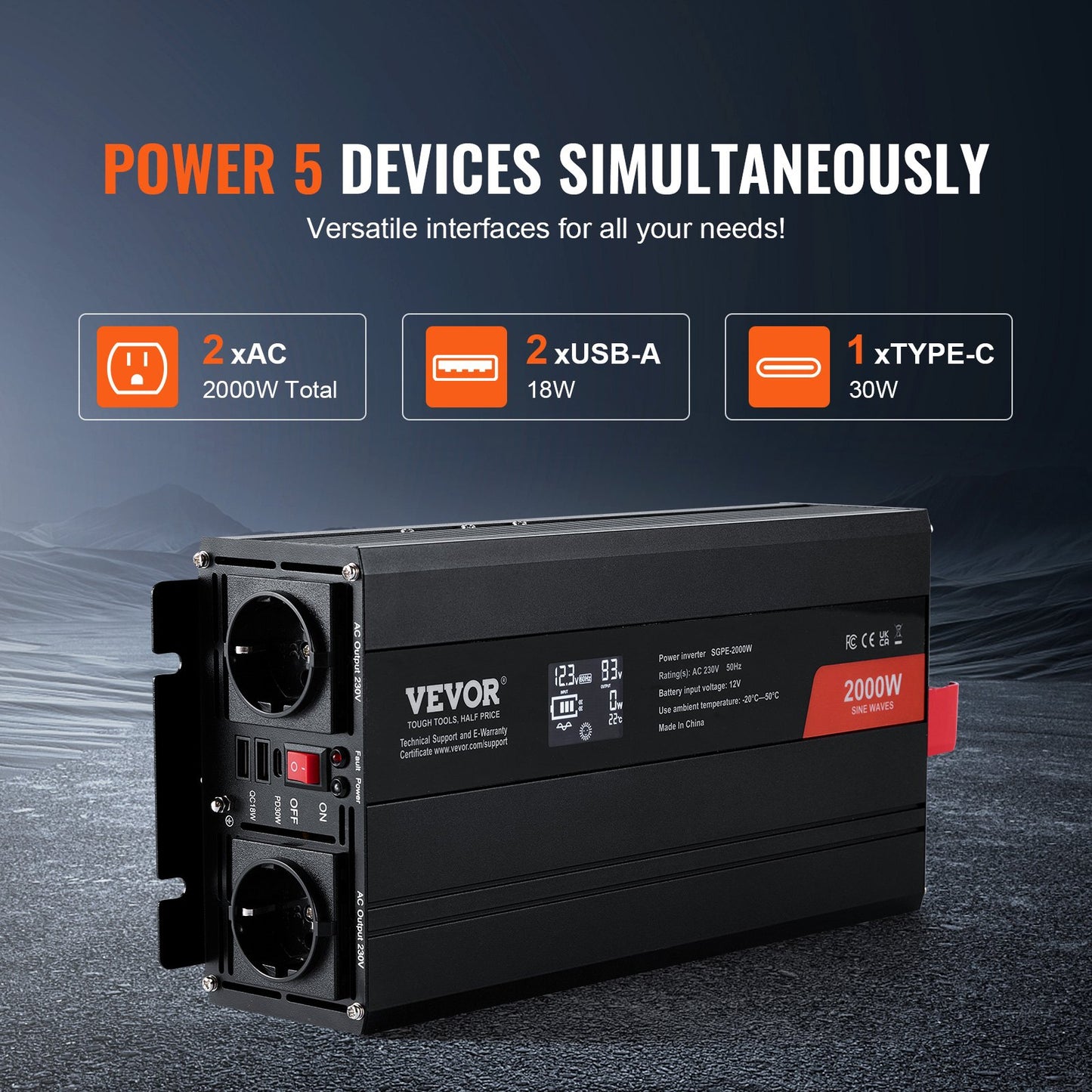 Pure Sine Wave Power Inverter 2000W DC12V till AC230V LCD-fjärrkontroll CE