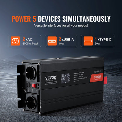 Pure Sine Wave Power Inverter 2000W DC12V till AC230V LCD-fjärrkontroll CE