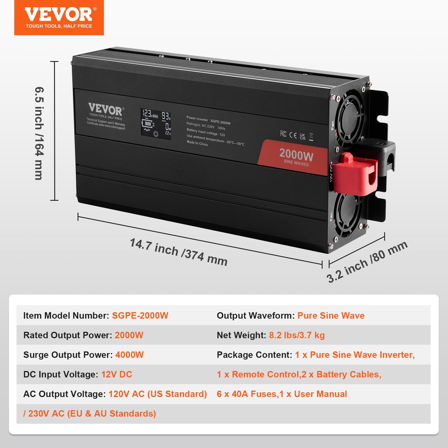Pure Sine Wave Power Inverter 2000W DC12V till AC230V LCD-fjärrkontroll CE