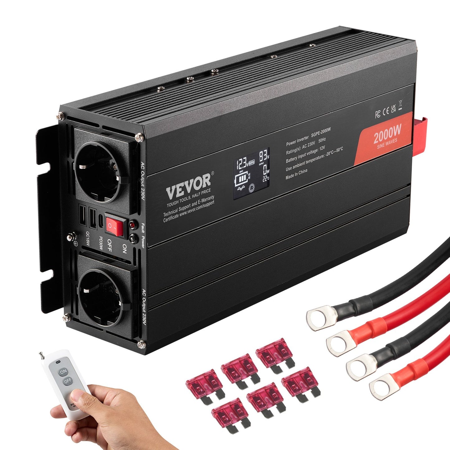 Pure Sine Wave Power Inverter 2000W DC12V till AC230V LCD-fjärrkontroll CE