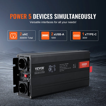 Pure Sine Wave Power Inverter 3000W DC12V till AC230V LCD-fjärrkontroll CE